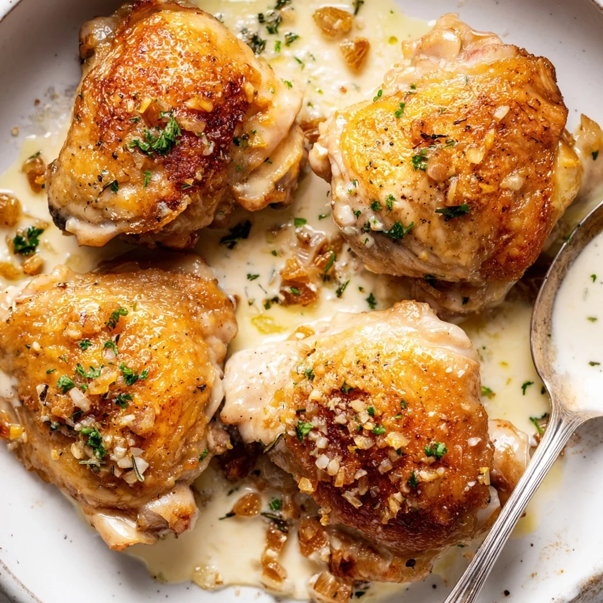 Creamy Garlic Chicken Thighs With Herbs simmering in rich garlic cream, parsley garnish  