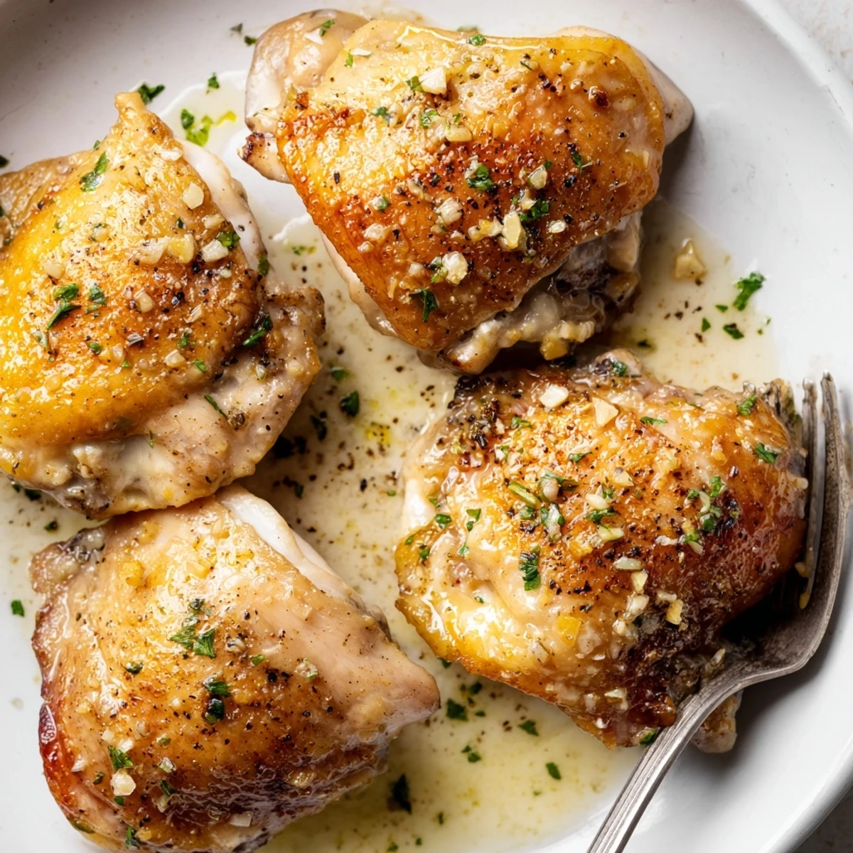 Golden-skinned Creamy Garlic Chicken Thighs With Herbs in velvety herb sauce