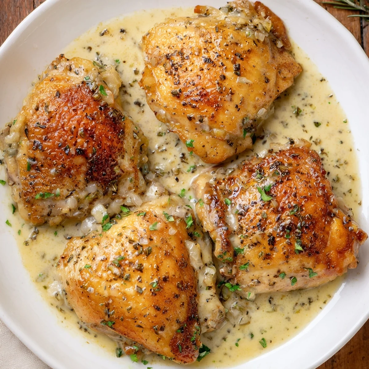 Pan-seared Creamy Garlic Chicken Thighs With Herbs over mashed potatoes, steam rising  