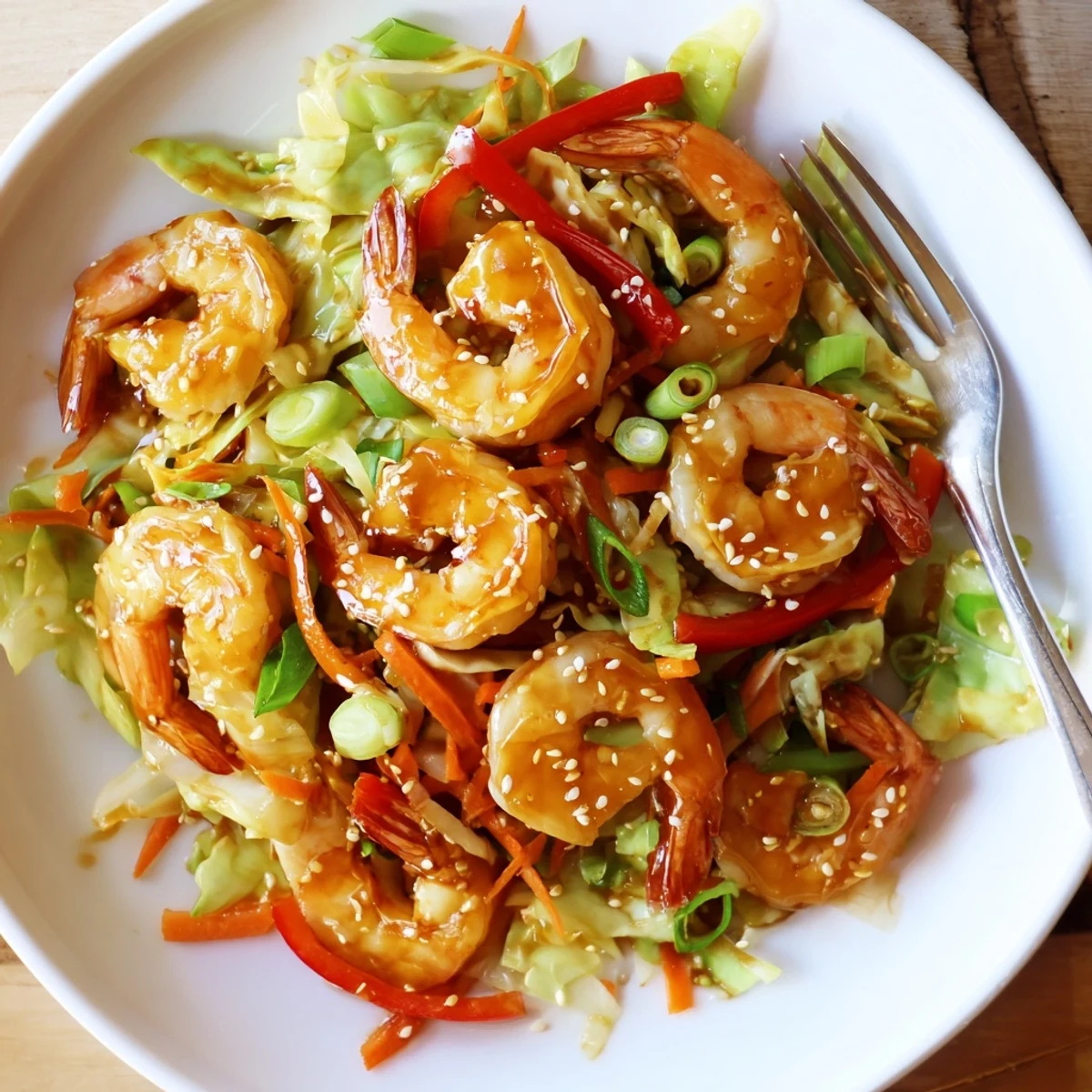 Delicious Asian Shrimp And Cabbage Stir Fry glistening with sesame and scallions  