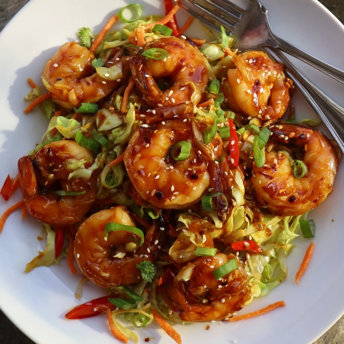 Pan of Delicious Asian Shrimp And Cabbage Stir Fry steaming, crisp vegetables  