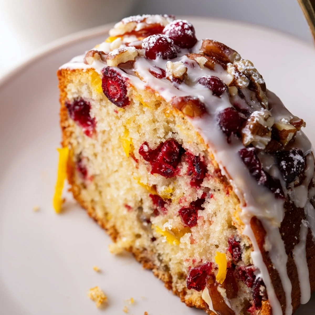 Warm Cranberry Orange Bread slice steaming beside Earl Grey, zesty citrus aroma.