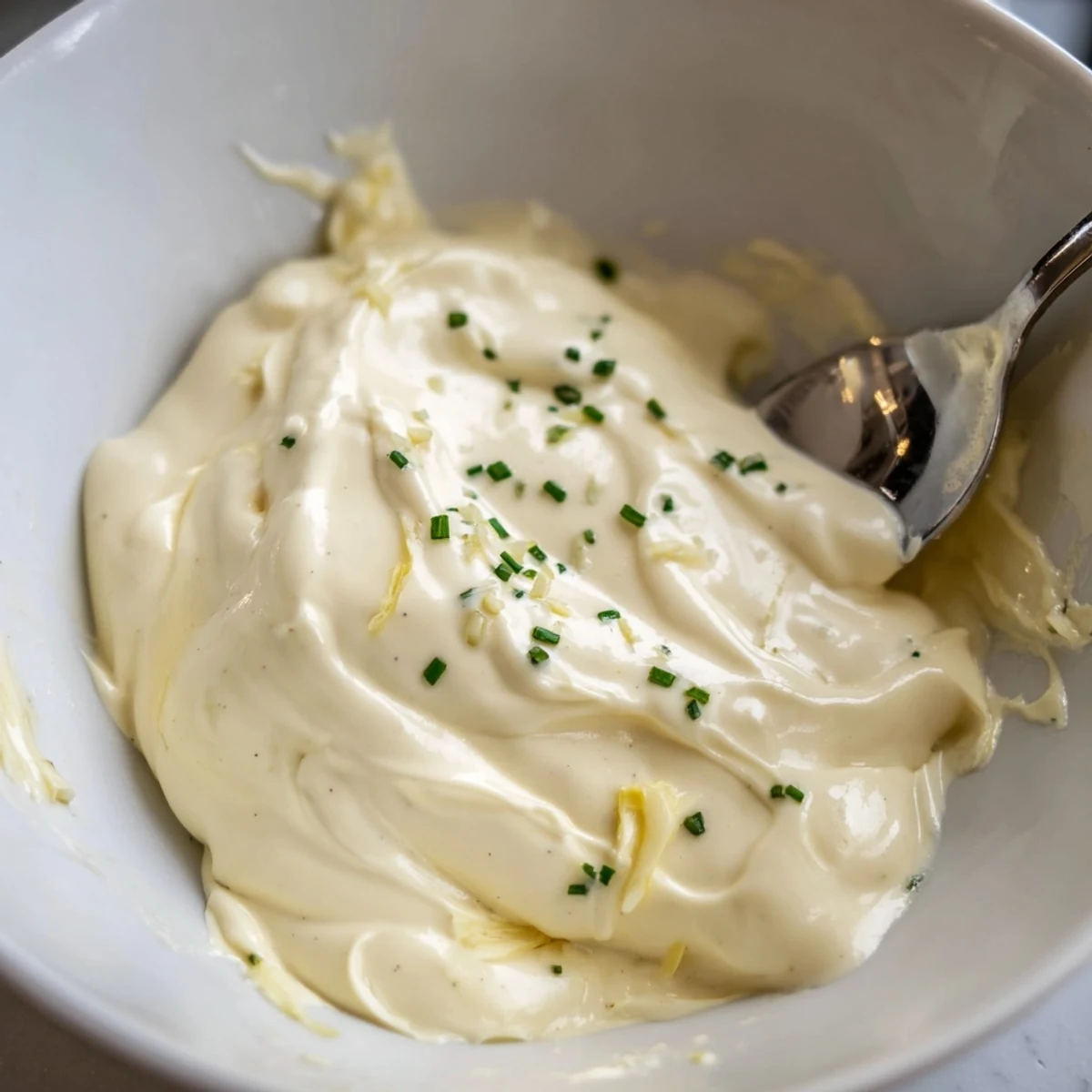 Creamy Tangy Sauce in a small bowl, silky texture with bright lemon sheen