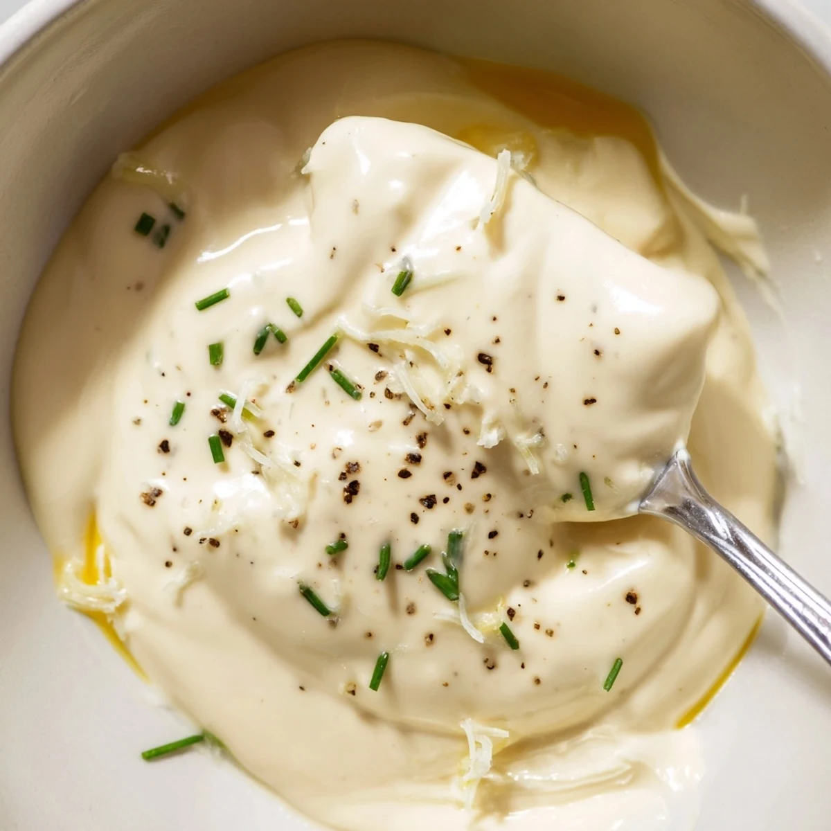 Jar of Creamy Tangy Sauce beside roasted vegetables, herb flecks visible