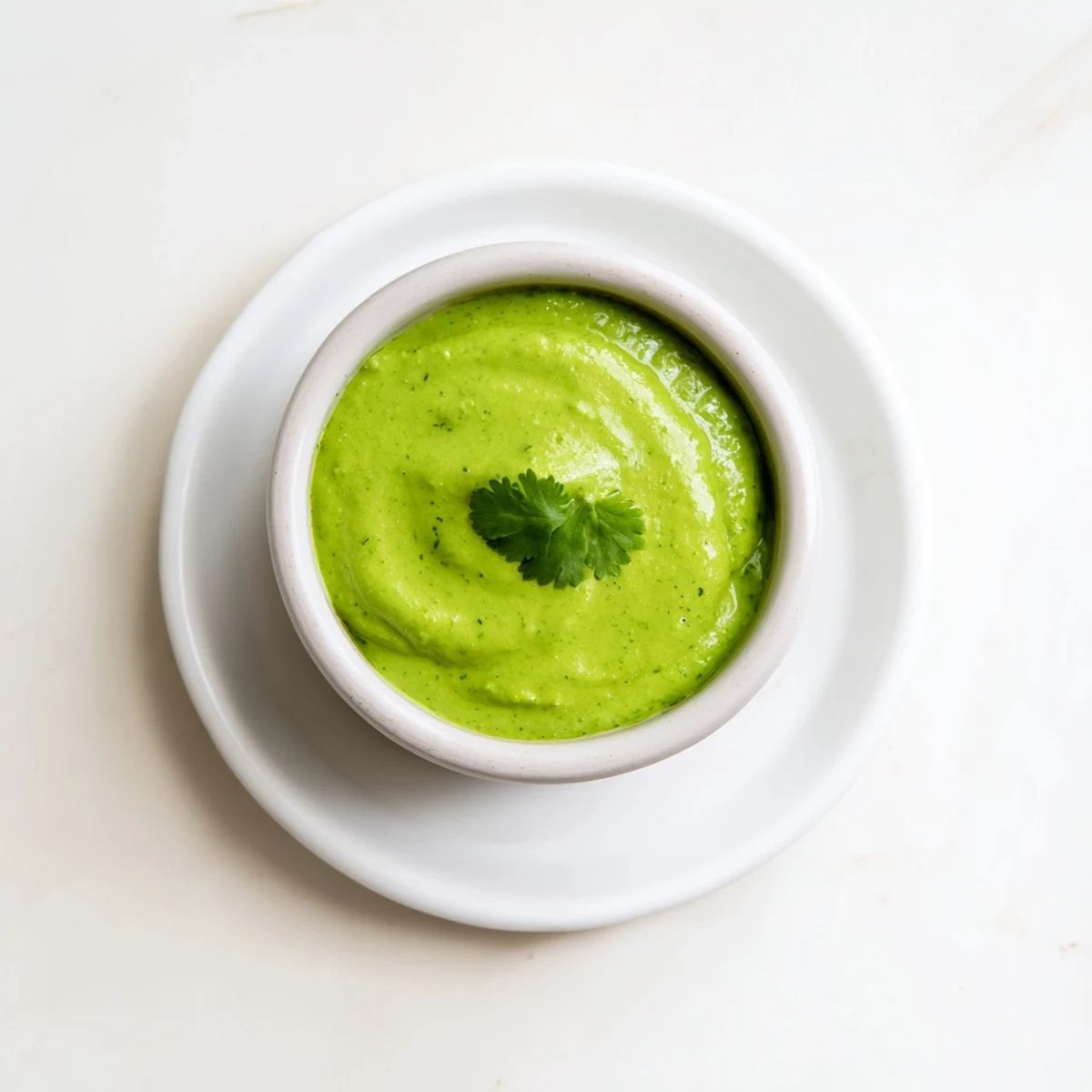 Vibrant bowl of homemade Peruvian green sauce aji verde garnished with fresh cilantro leaves
