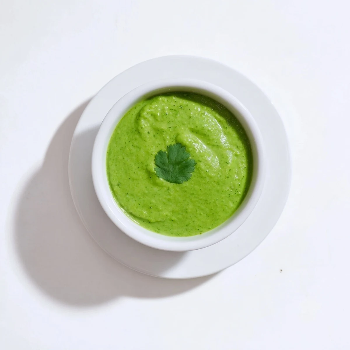 Smooth authentic Peruvian green sauce aji verde served in a glass dipping bowl with lime wedge
