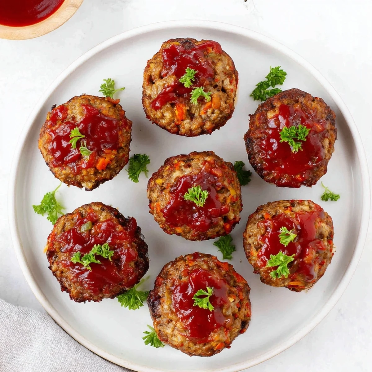 Golden glazed turkey meatloaf muffins fresh from the oven with caramelized ketchup tops