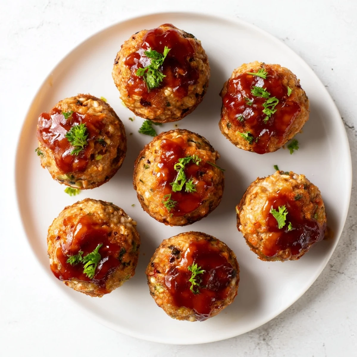 Individual savory turkey meatloaf muffins topped with sweet brown sugar glaze on a muffin tin