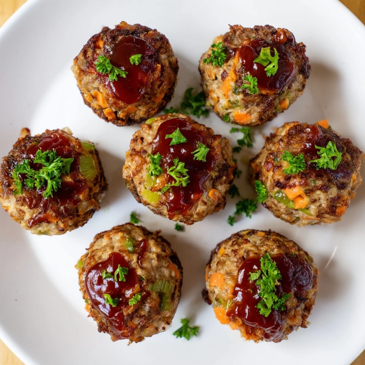 Six moist turkey meatloaf muffins brushed with tangy ketchup mustard glaze ready for serving