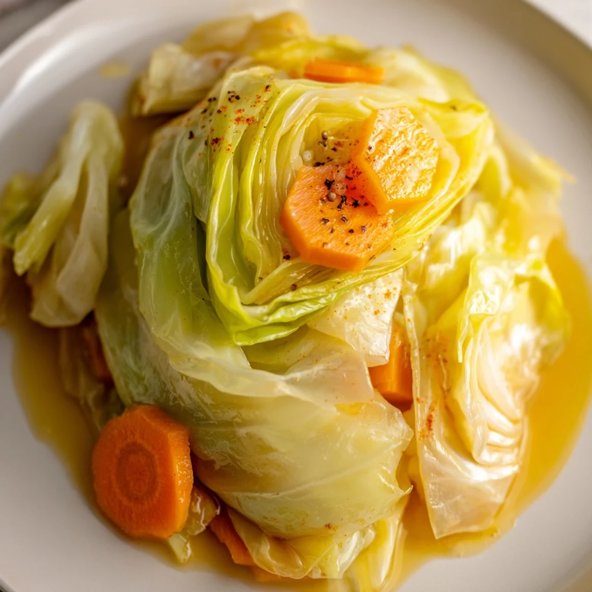 Savory Braised Cabbage Recipe: tender ribbons glistening in olive oil and broth