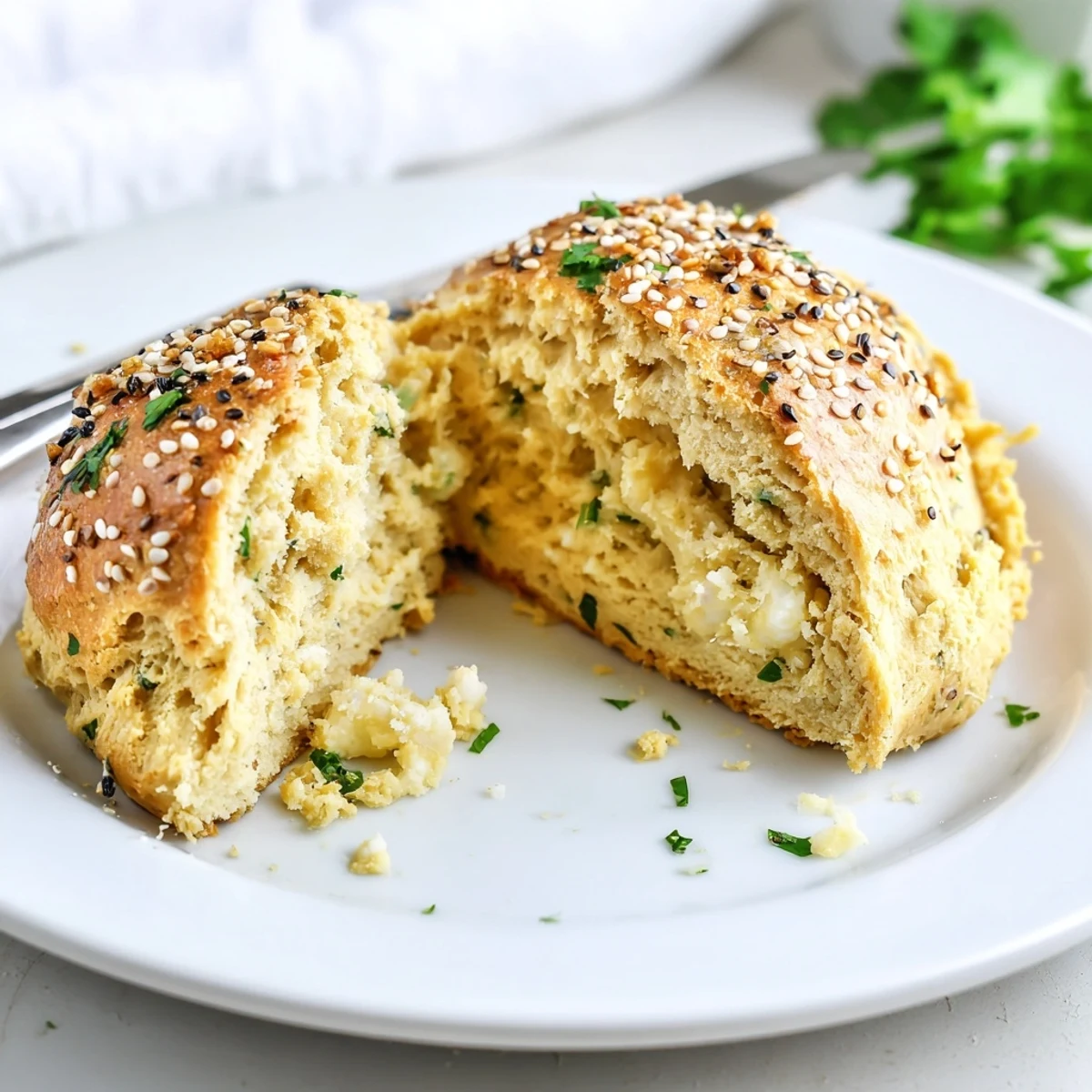 Stack of Humous Scones topped with sesame seeds, served with herbed yogurt