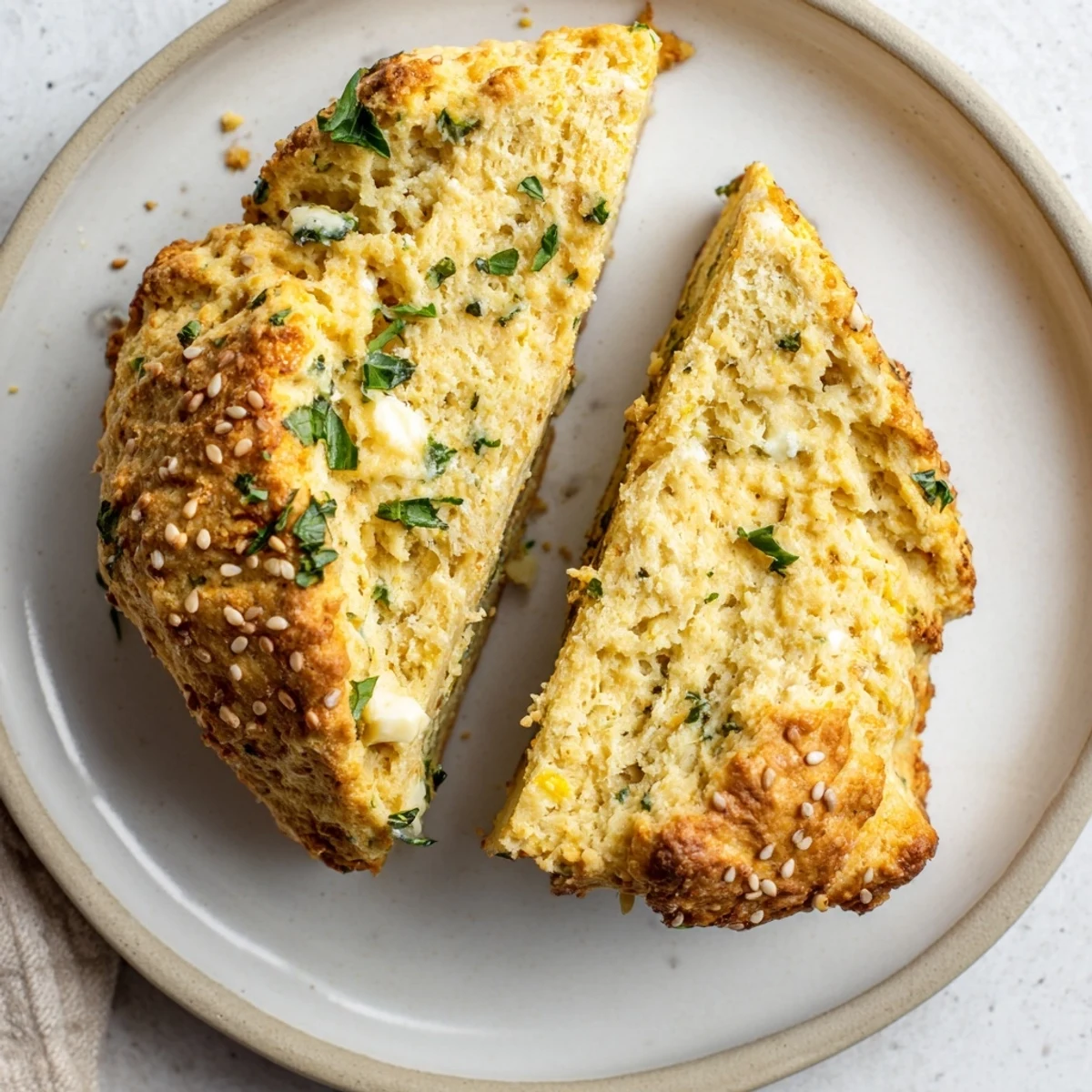 Freshly baked Humous Scones torn open, soft crumb and tangy feta bits