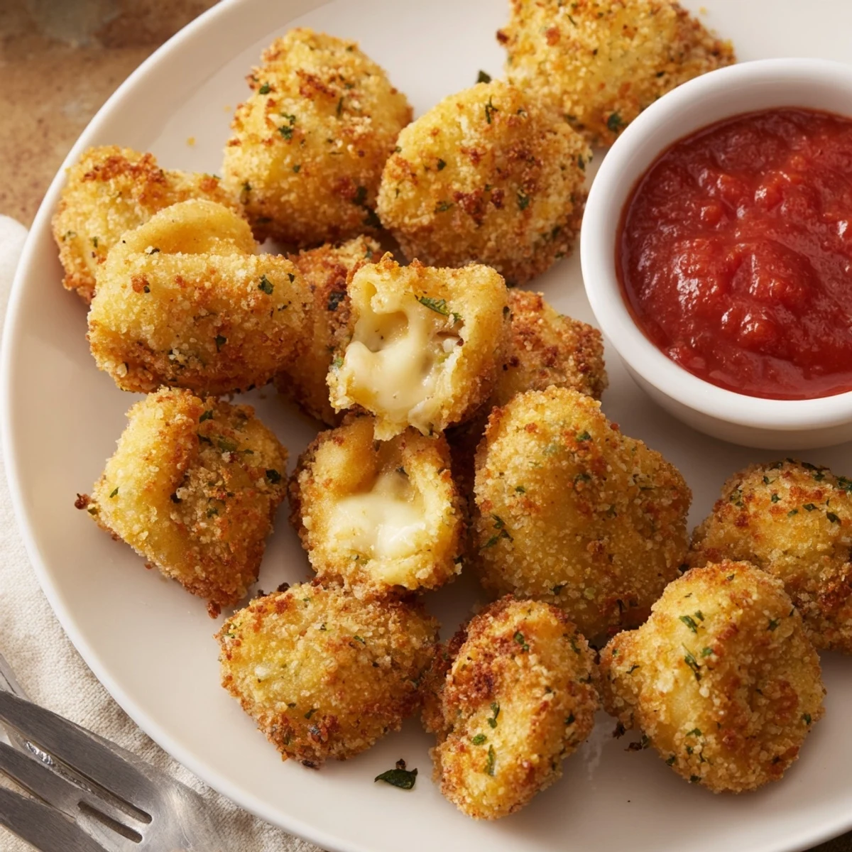 Crispy Tortellini Party Snacks Recipe on a platter, golden, served with marinara