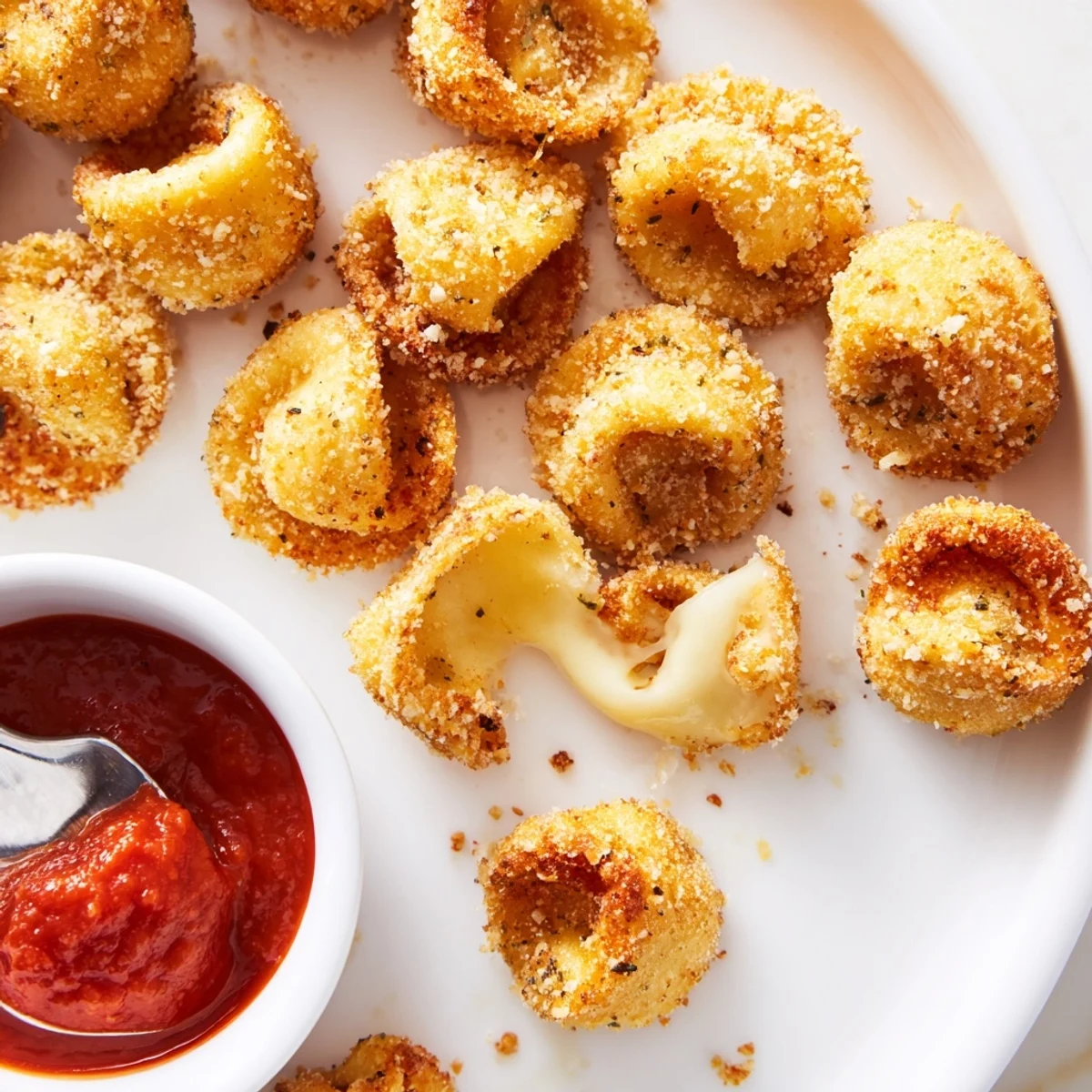 Close-up of Crispy Tortellini Party Snacks Recipe, crunchy breadcrumb crust, steaming