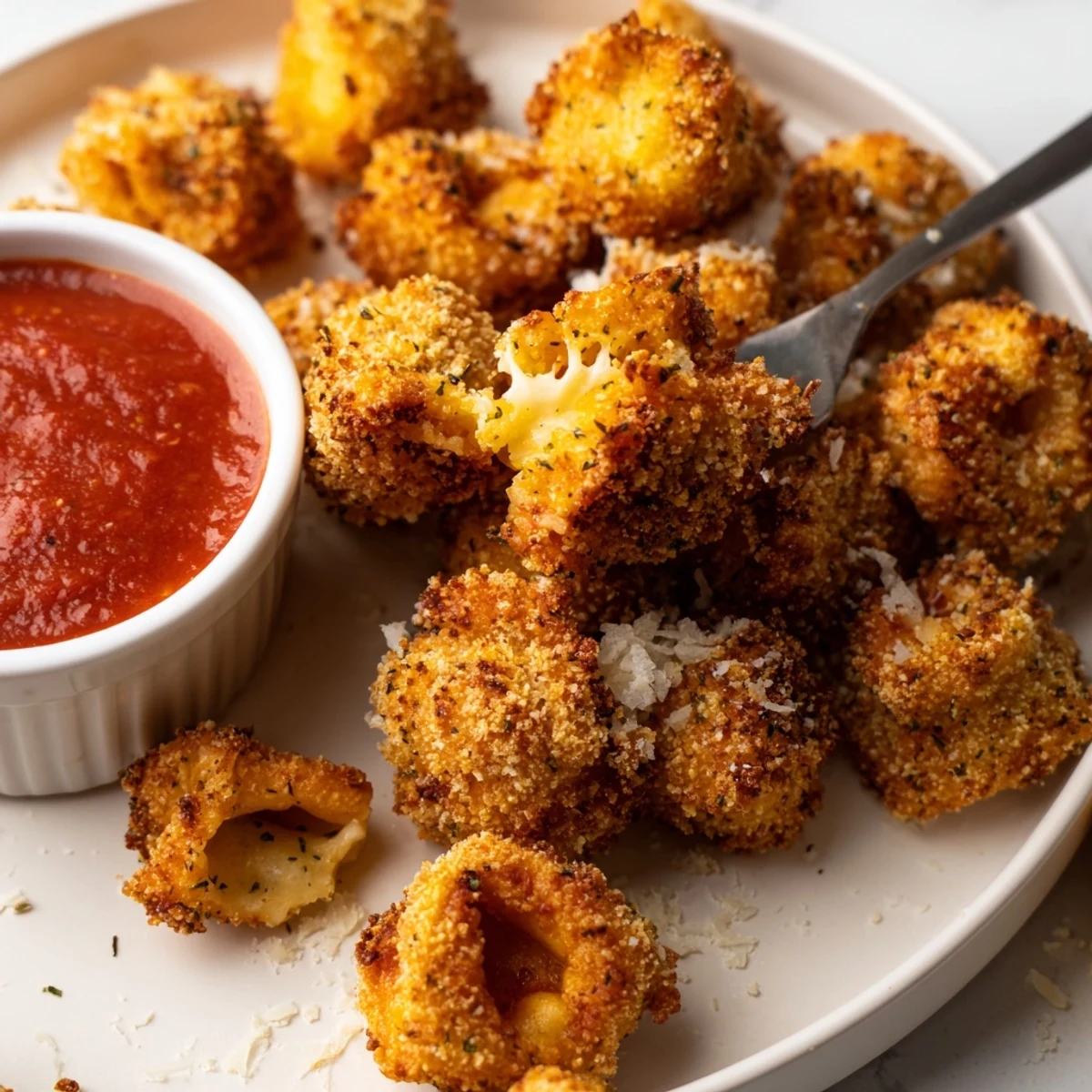 Family-style bowl of Crispy Tortellini Party Snacks Recipe, fried golden, perfect for entertaining