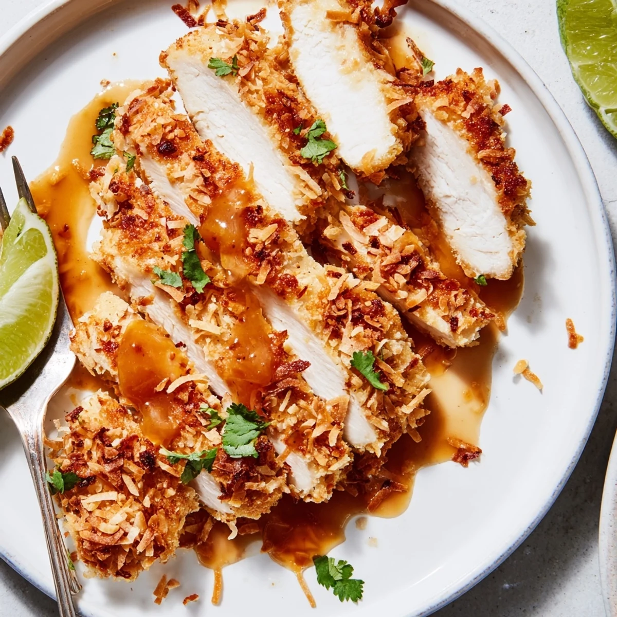 Coconut Chicken With Apricot Sauce, golden-crisp crust, drizzled warm over rice.