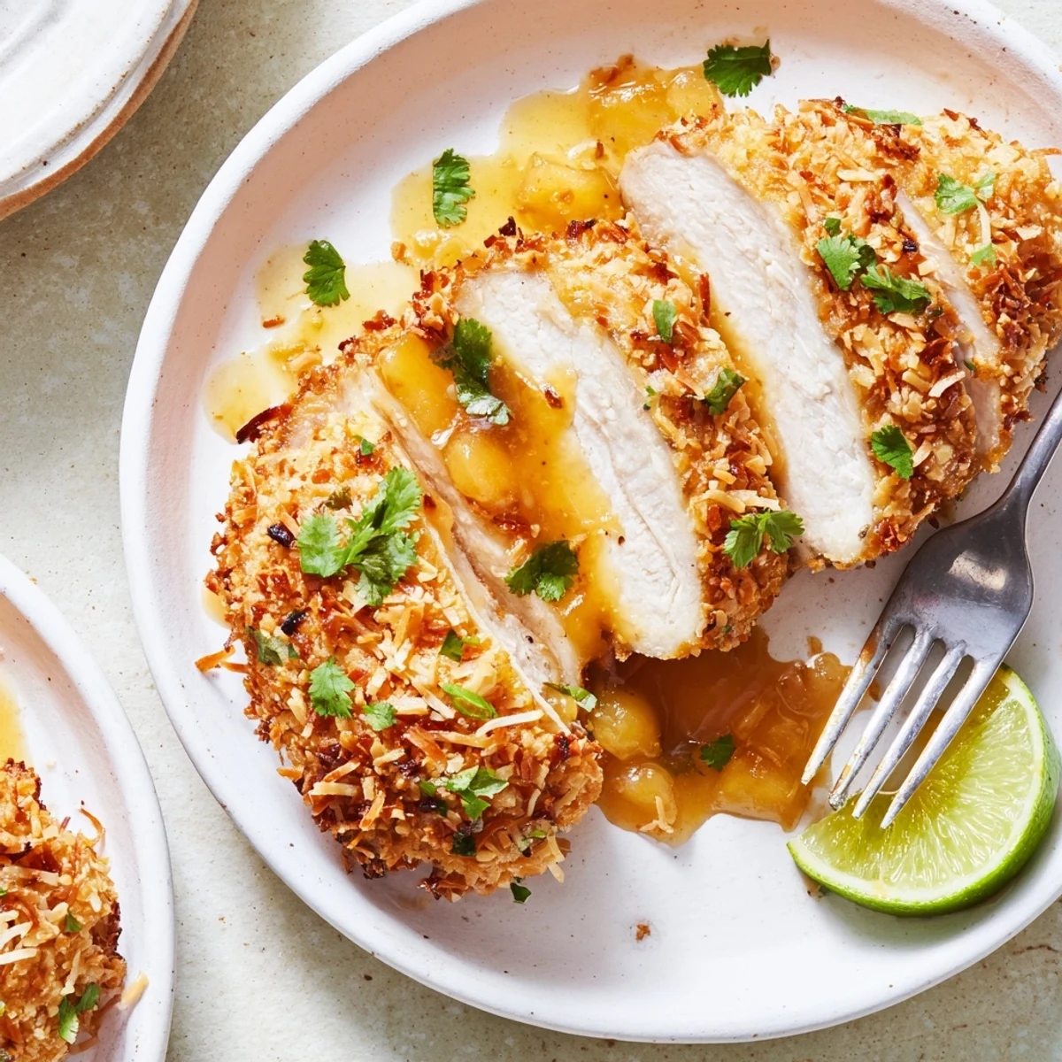 Pan-seared Coconut Chicken With Apricot Sauce served with lime wedges and cilantro.