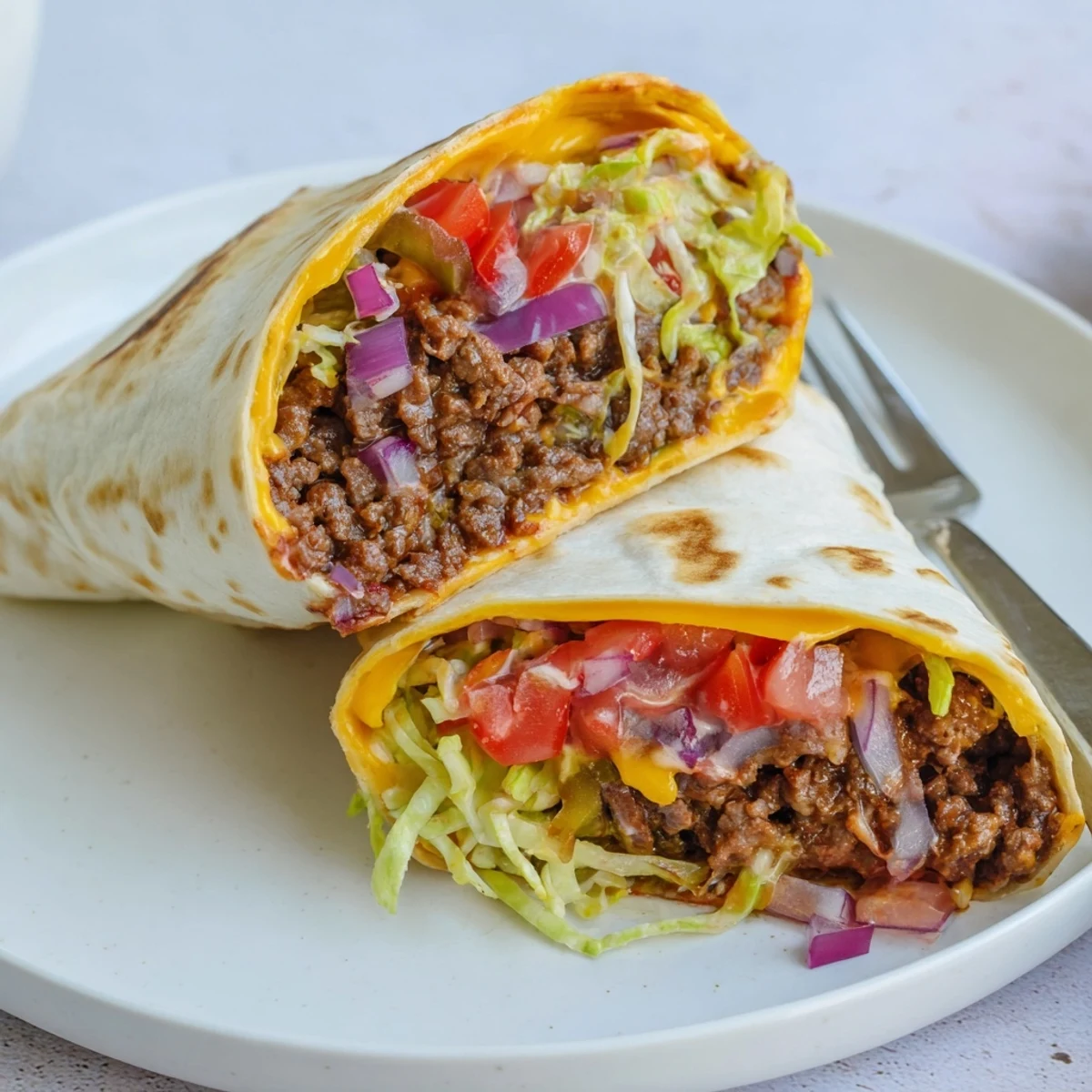 Grilled Cheeseburger Wrap Recipe with melty cheddar, juicy beef and crisp lettuce.