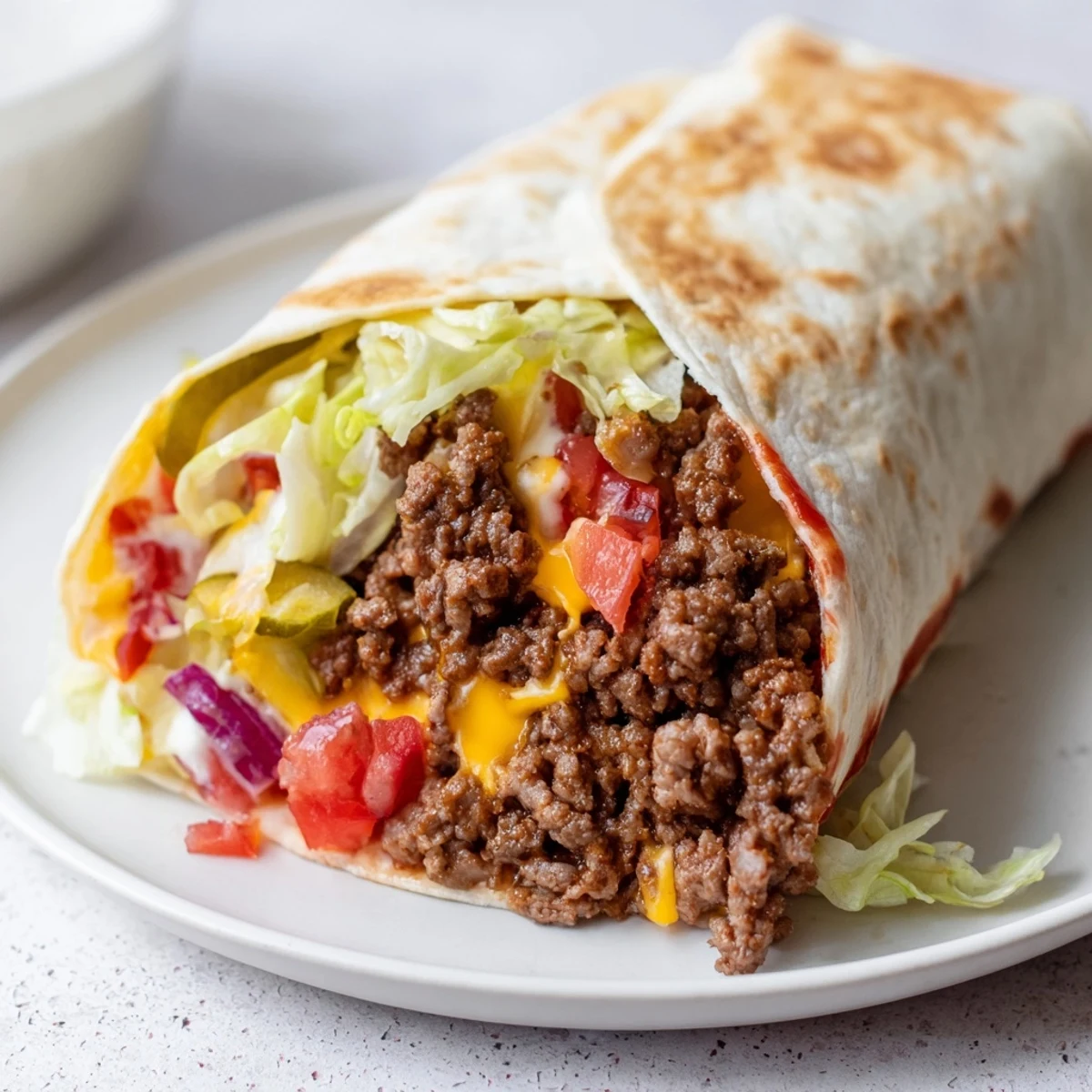 Cheeseburger Wrap Recipe sliced in half, warm tortilla, tangy pickles peeking.