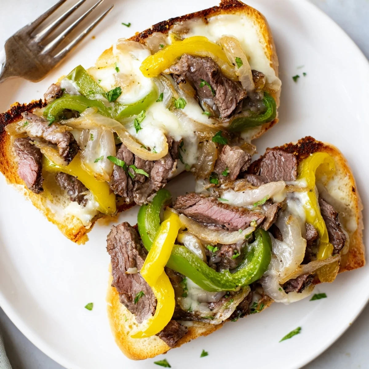 Toasted Philly Cheesesteak Garlic Bread piled with melted provolone and peppers