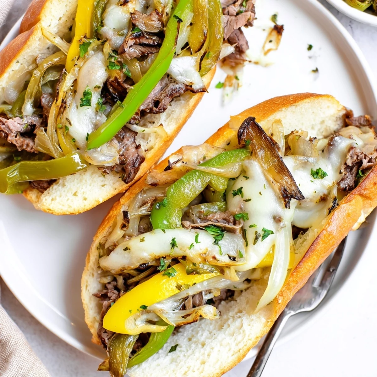 Sliced Philly Cheesesteak Garlic Bread served warm, sizzling steak and onions