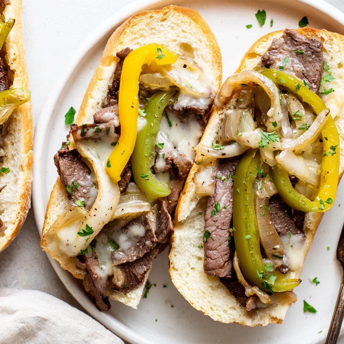 Golden-crisp Philly Cheesesteak Garlic Bread sliced, oozing cheesy steak, ready to share