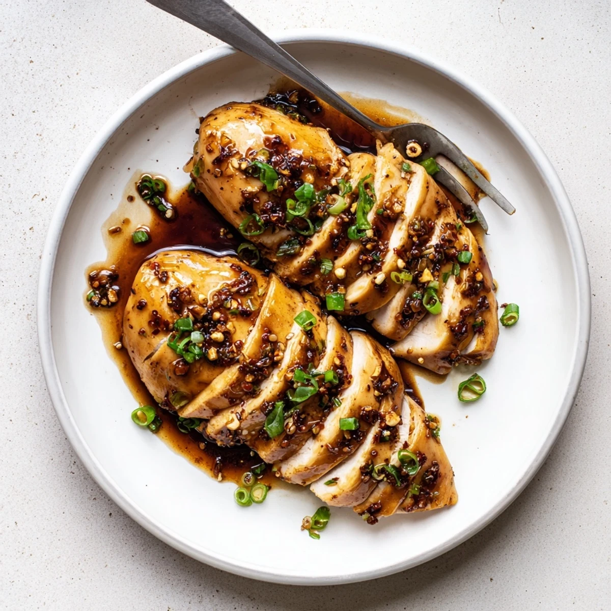Plate of Slow Cooker Brown Sugar Garlic Chicken shredded, sticky, garnished with parsley