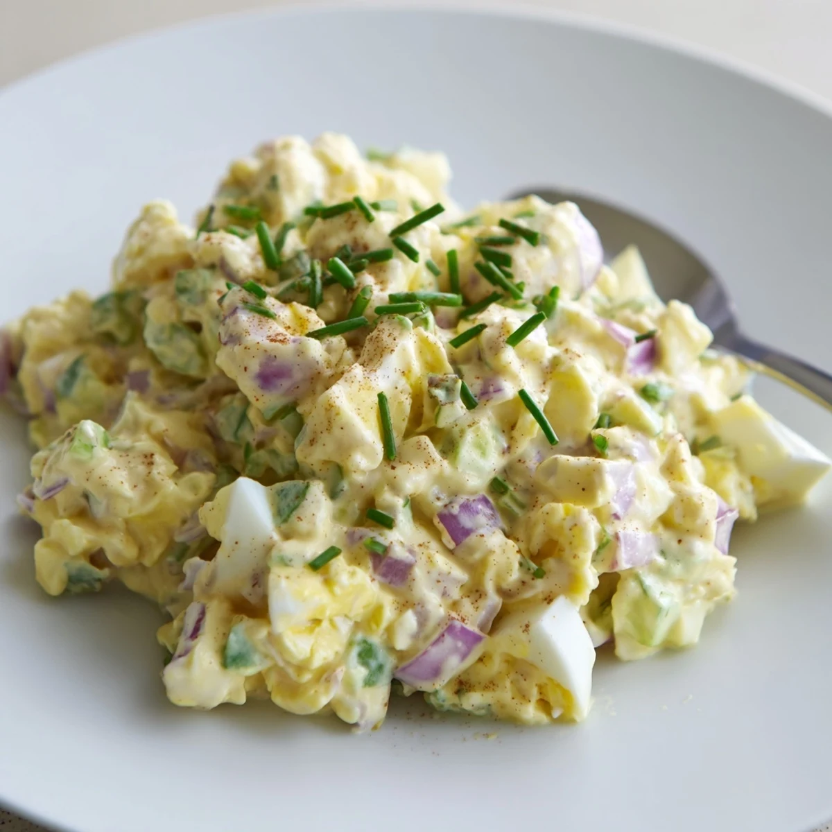 A chilled Classic Egg Salad Recipe with crunchy celery, red onion, dill.