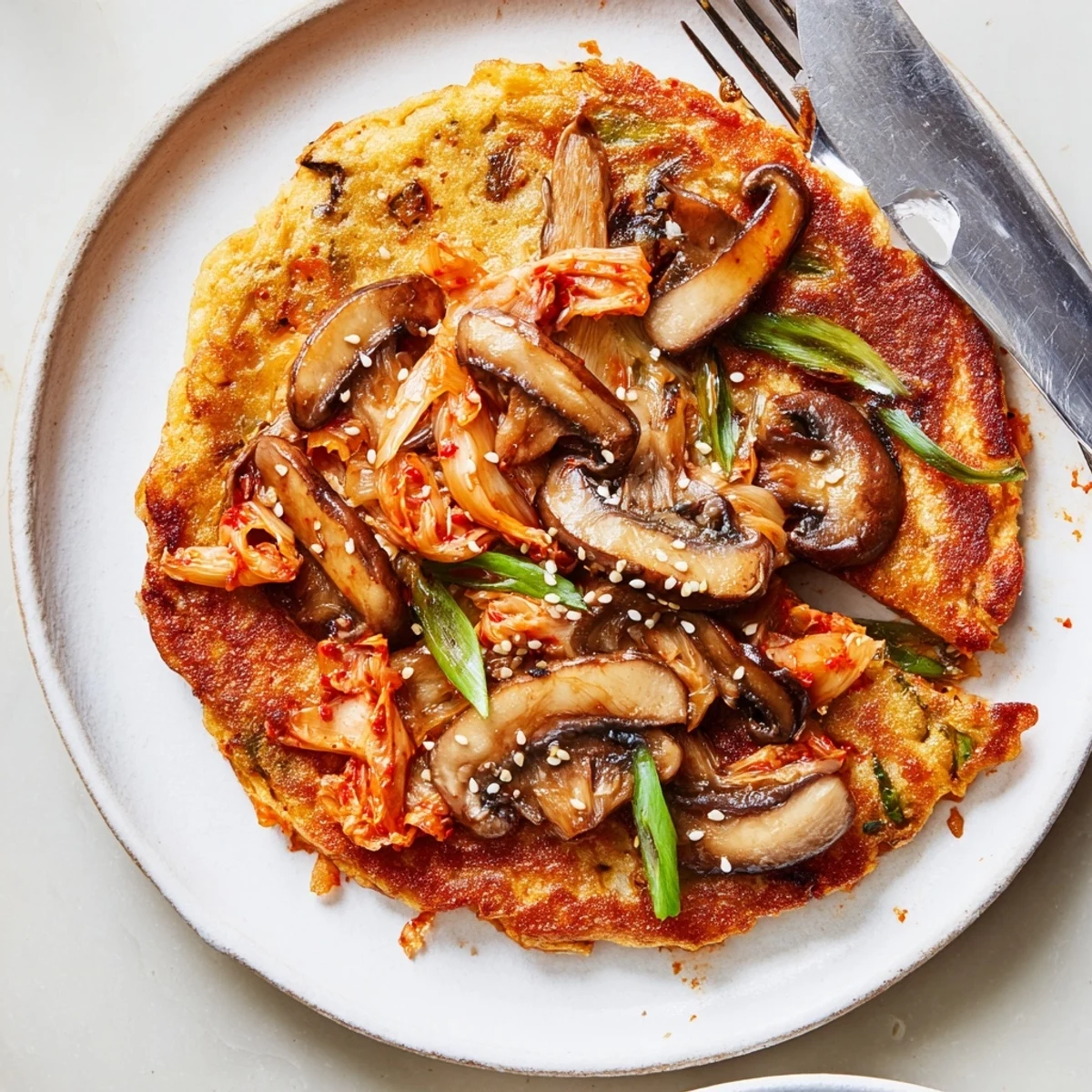 Pan seared Vegan Kimchi Pancake With Tamari Mushrooms served on rustic plate