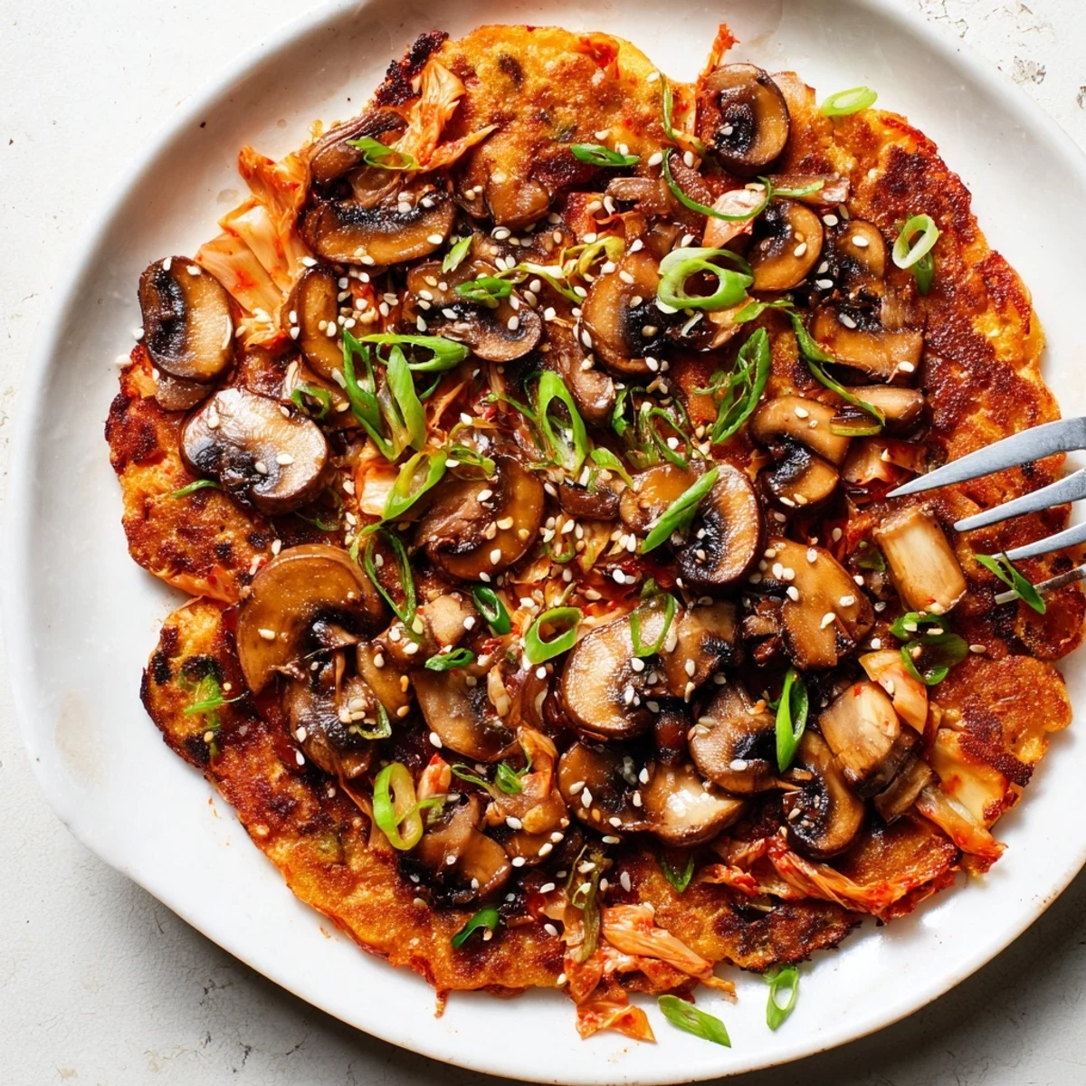 Golden Vegan Kimchi Pancake With Tamari Mushrooms, scallion garnish and dipping sauce