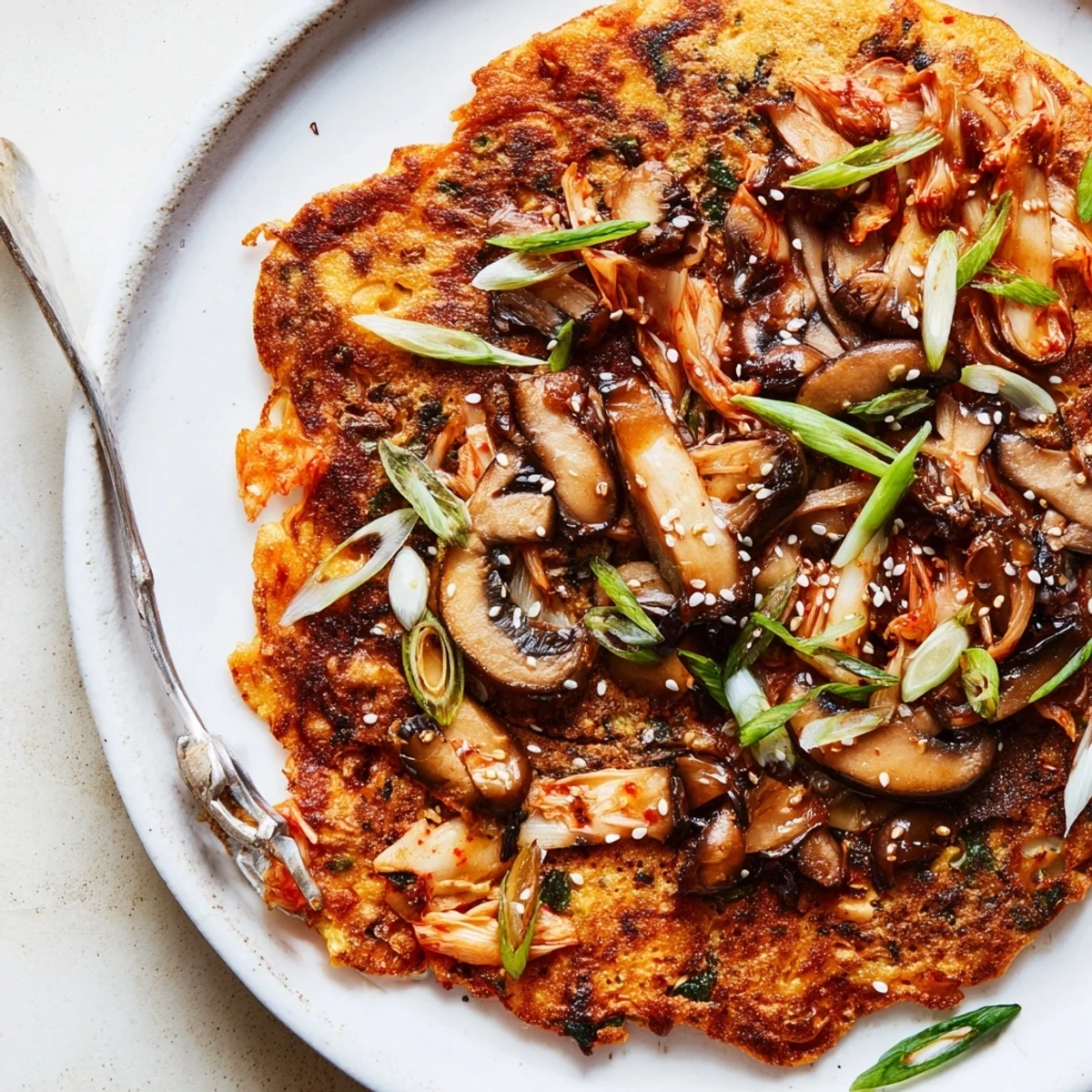 Savory Vegan Kimchi Pancake With Tamari Mushrooms, crisp edges and warm aroma