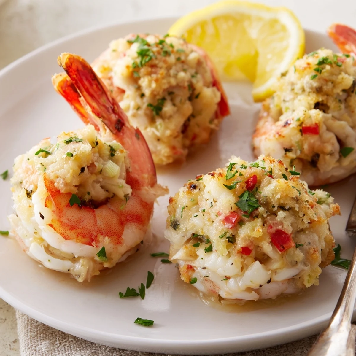 Crab Cake Stuffed Shrimp With Cowboy Butter on lemon garnished platter, golden baked.