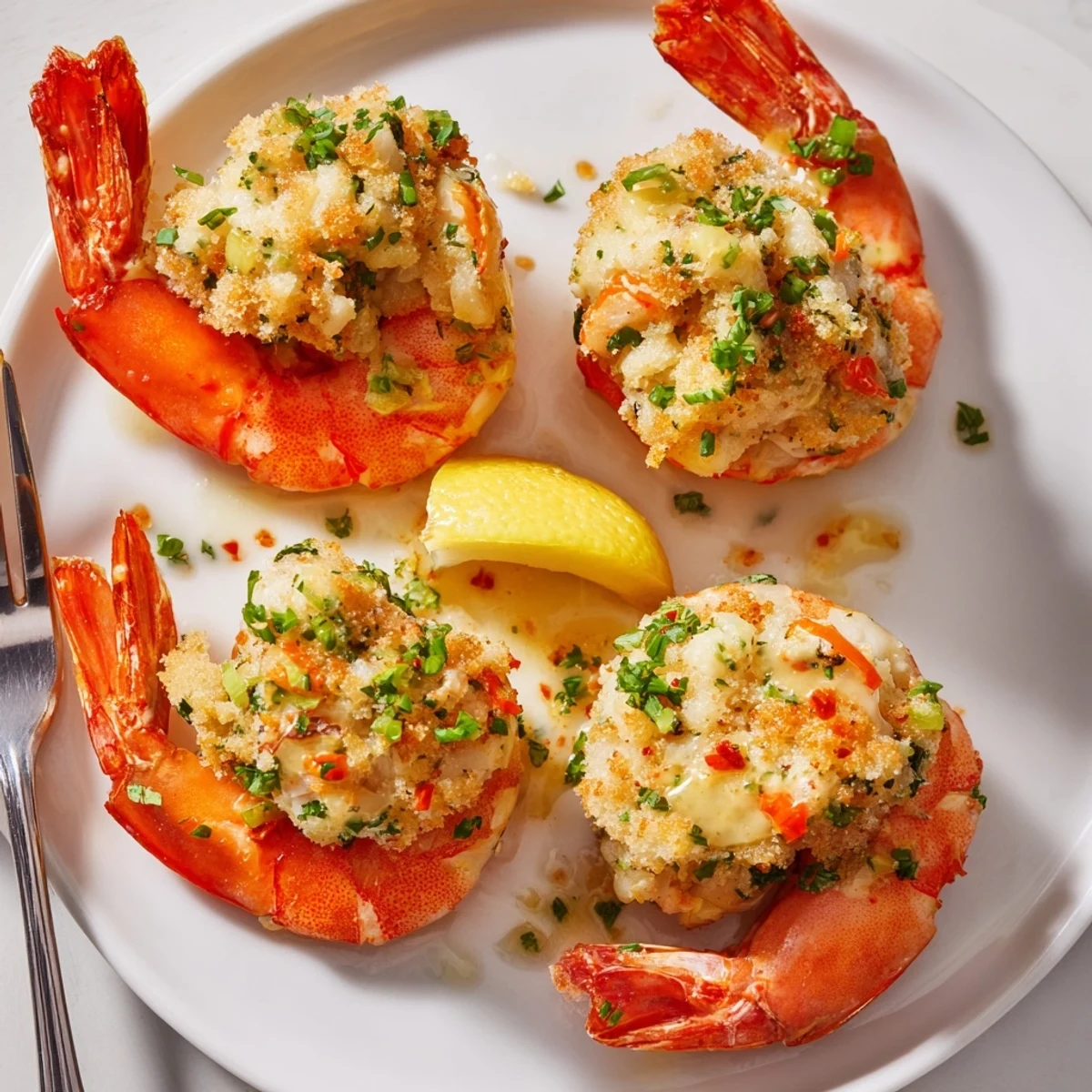 Warm Crab Cake Stuffed Shrimp With Cowboy Butter served with parsley and lemon.