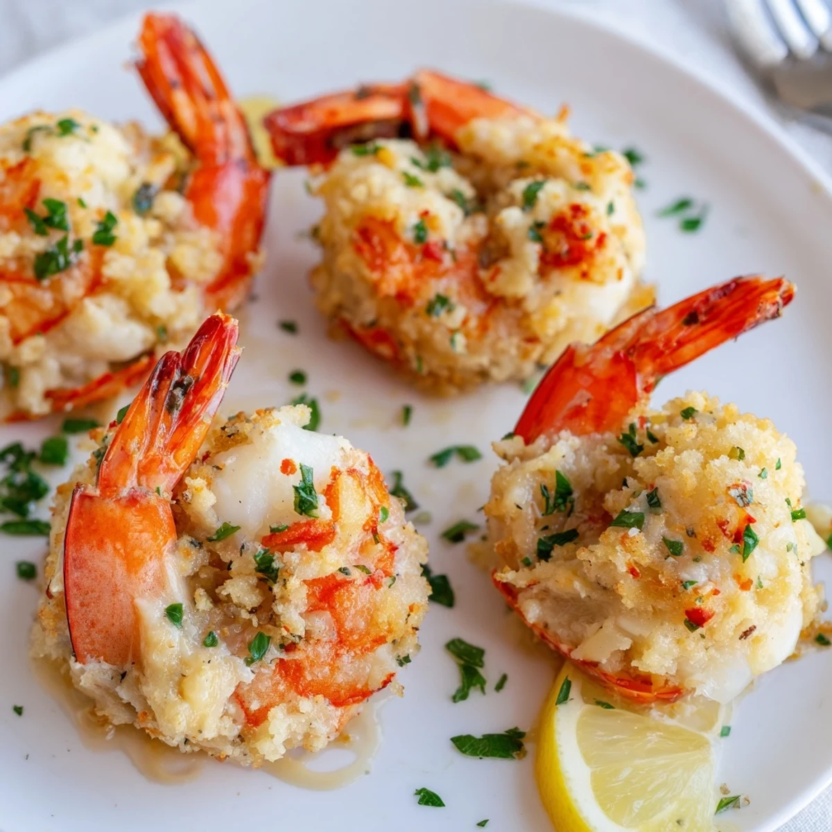 Oven baked Crab Cake Stuffed Shrimp With Cowboy Butter, crispy tops and garlic aroma.