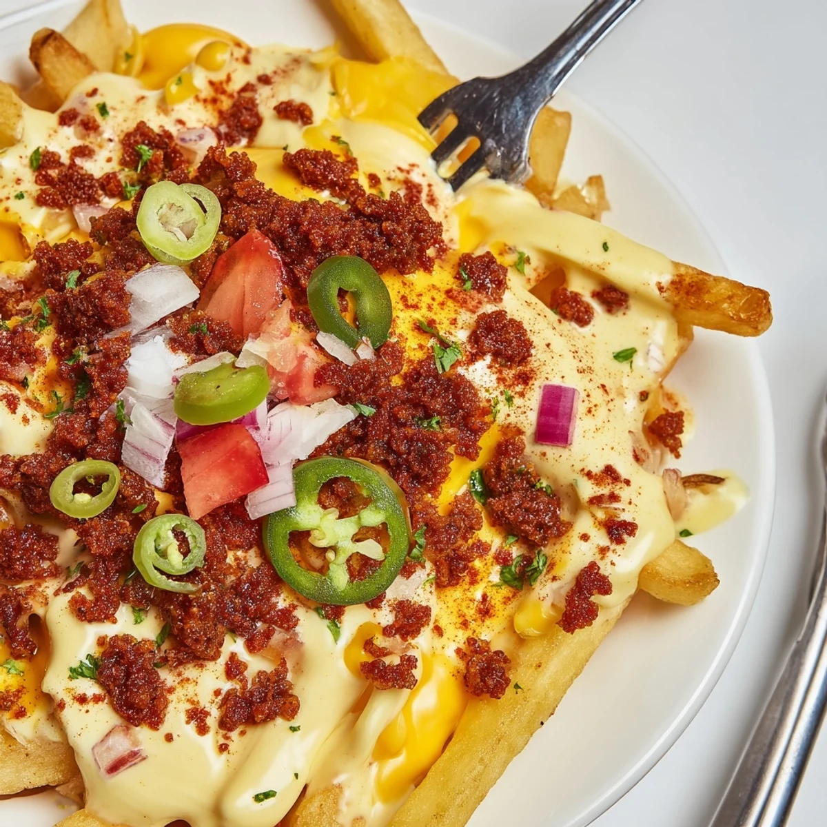 Crispy Chorizo Queso Dip Fries piled on platter, gooey cheese pull