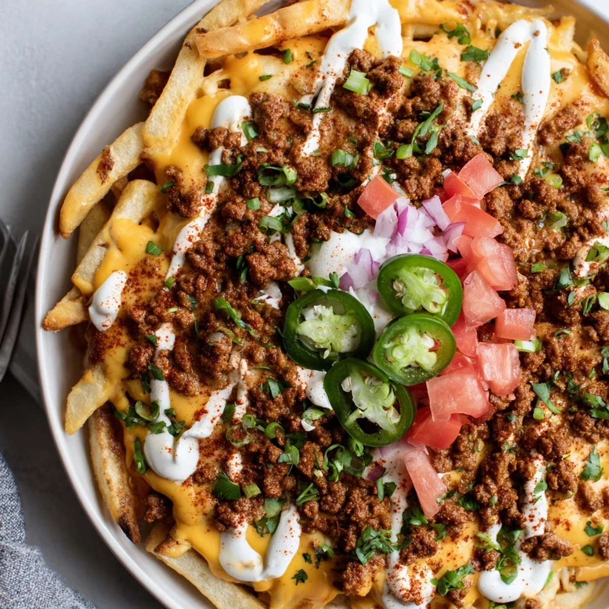 A platter of Chorizo Queso Dip Fries steaming, garnished with cilantro