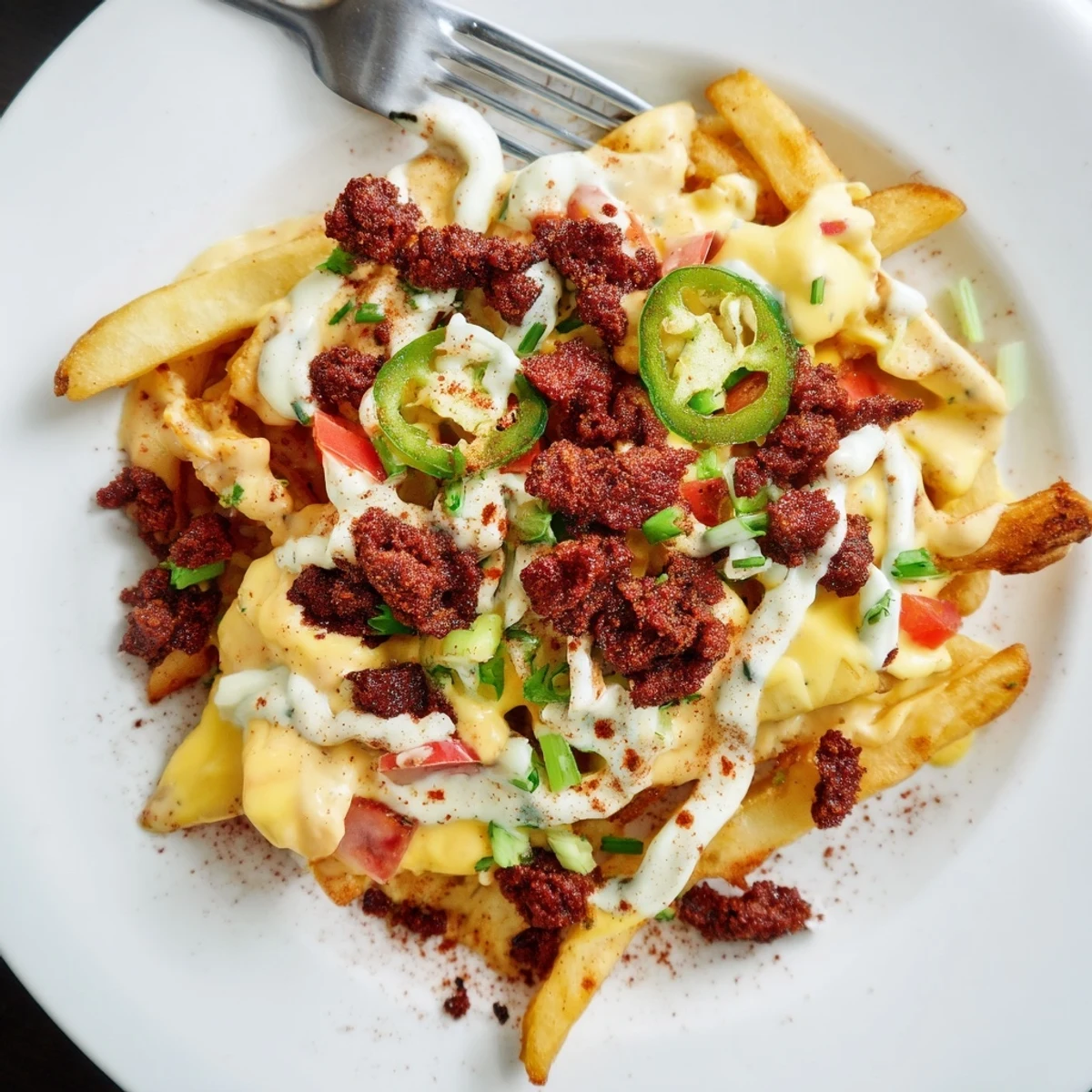 Baked Chorizo Queso Dip Fries served family-style, smoky melted cheddar dripping