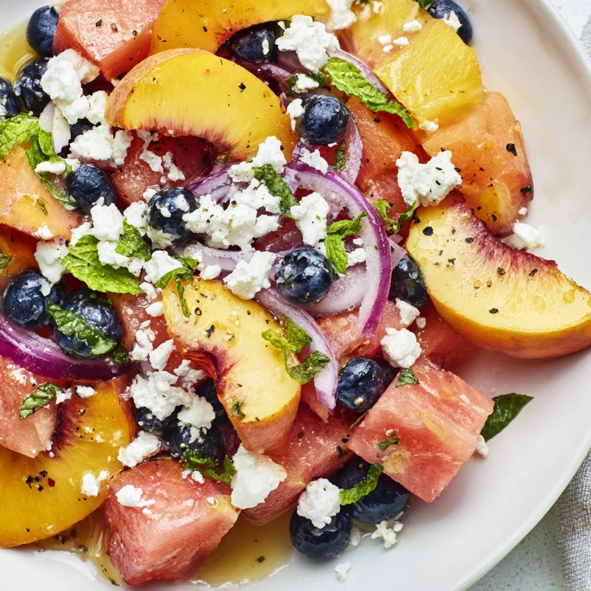 Bright Peach Watermelon Salad With Feta, juicy fruit, crumbled cheese, mint