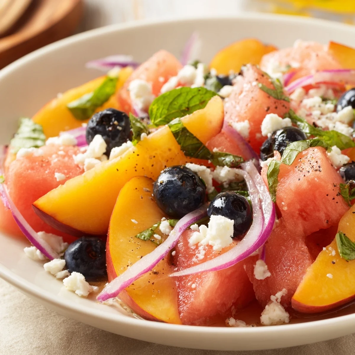 Chilled Peach Watermelon Salad With Feta served in a bowl, lime drizzled