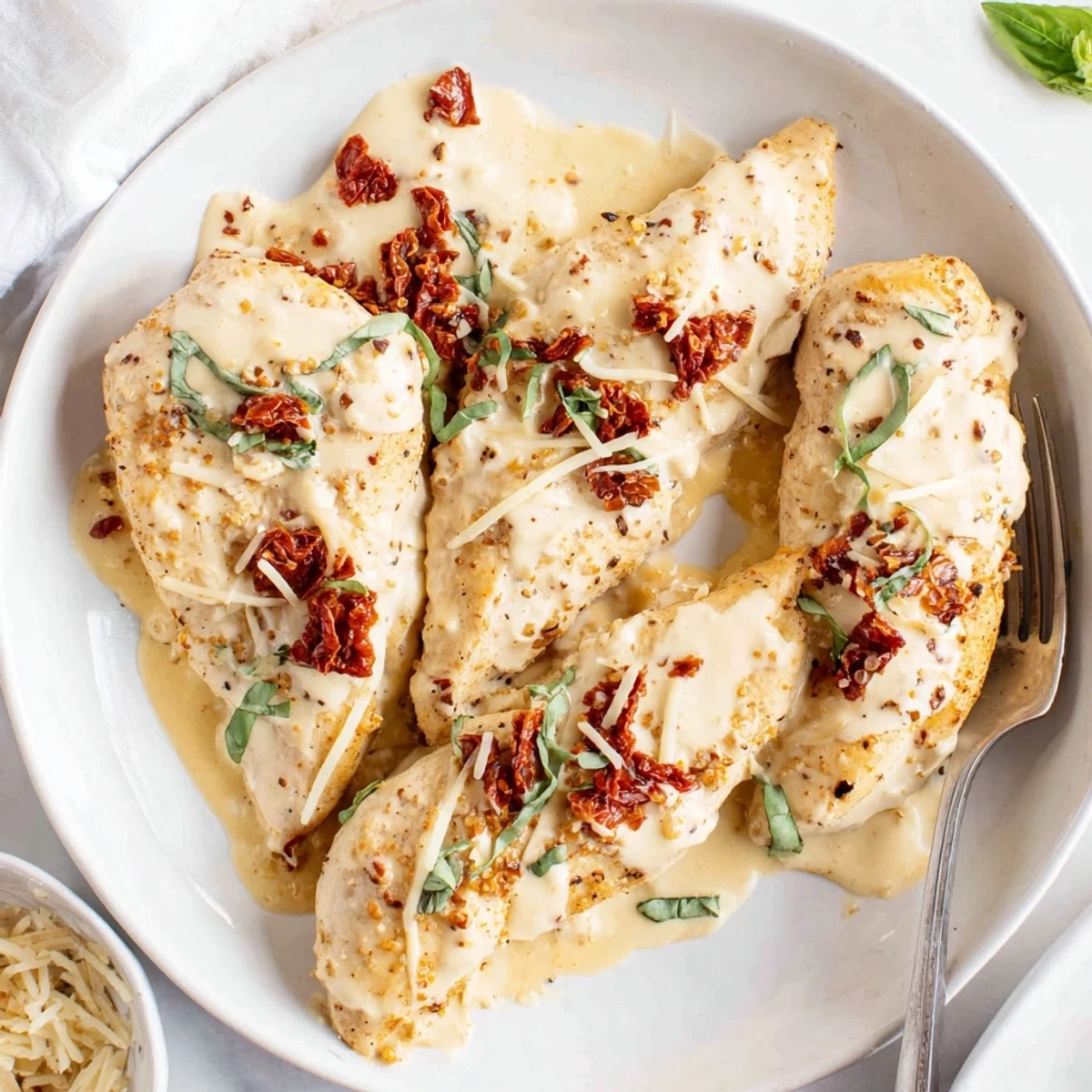 Tender Dump And Go Crockpot Marry Me Chicken with garlic, basil, and Parmesan
