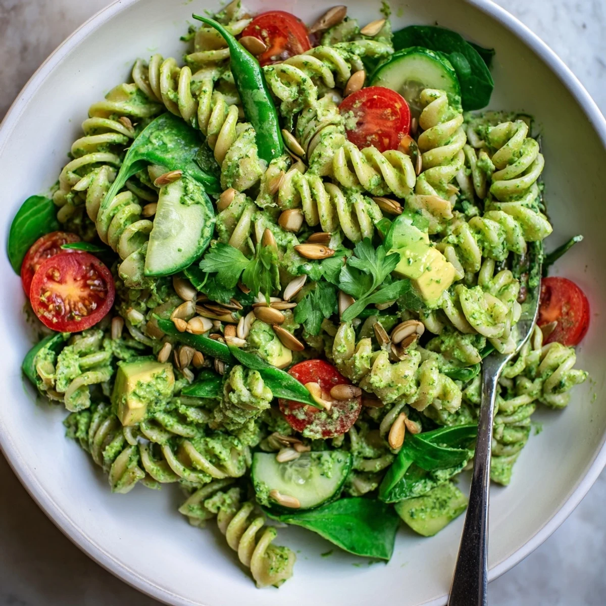 A creamy Green Goddess Pasta Salad served in a bowl, herb dressing glistening