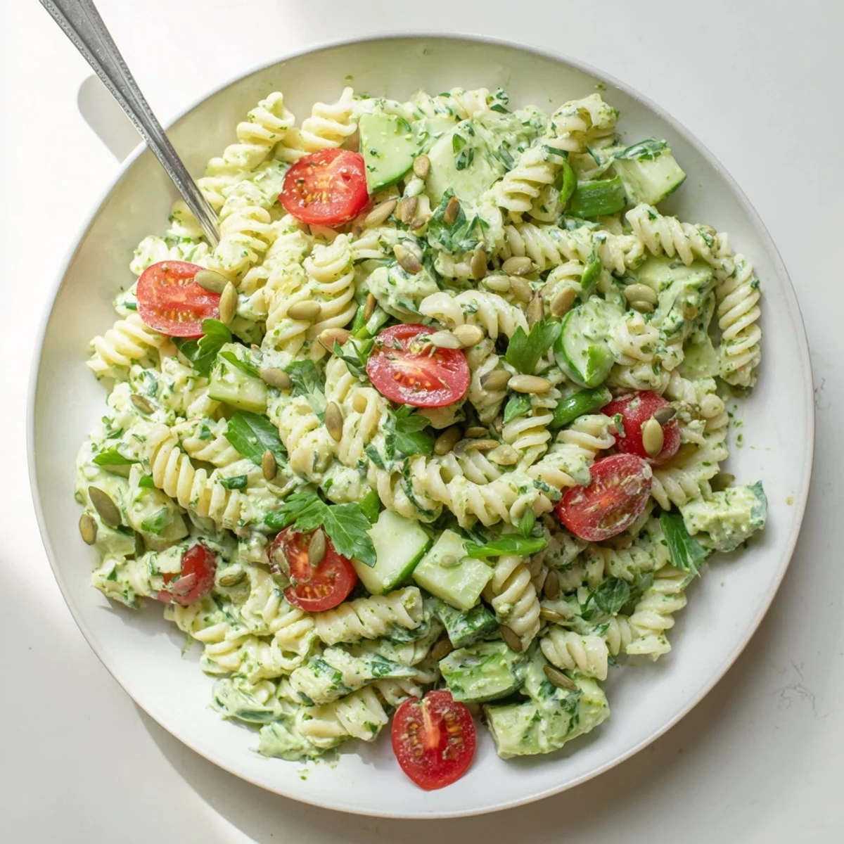 Chilled Green Goddess Pasta Salad with crisp cucumbers, tomatoes, and avocado