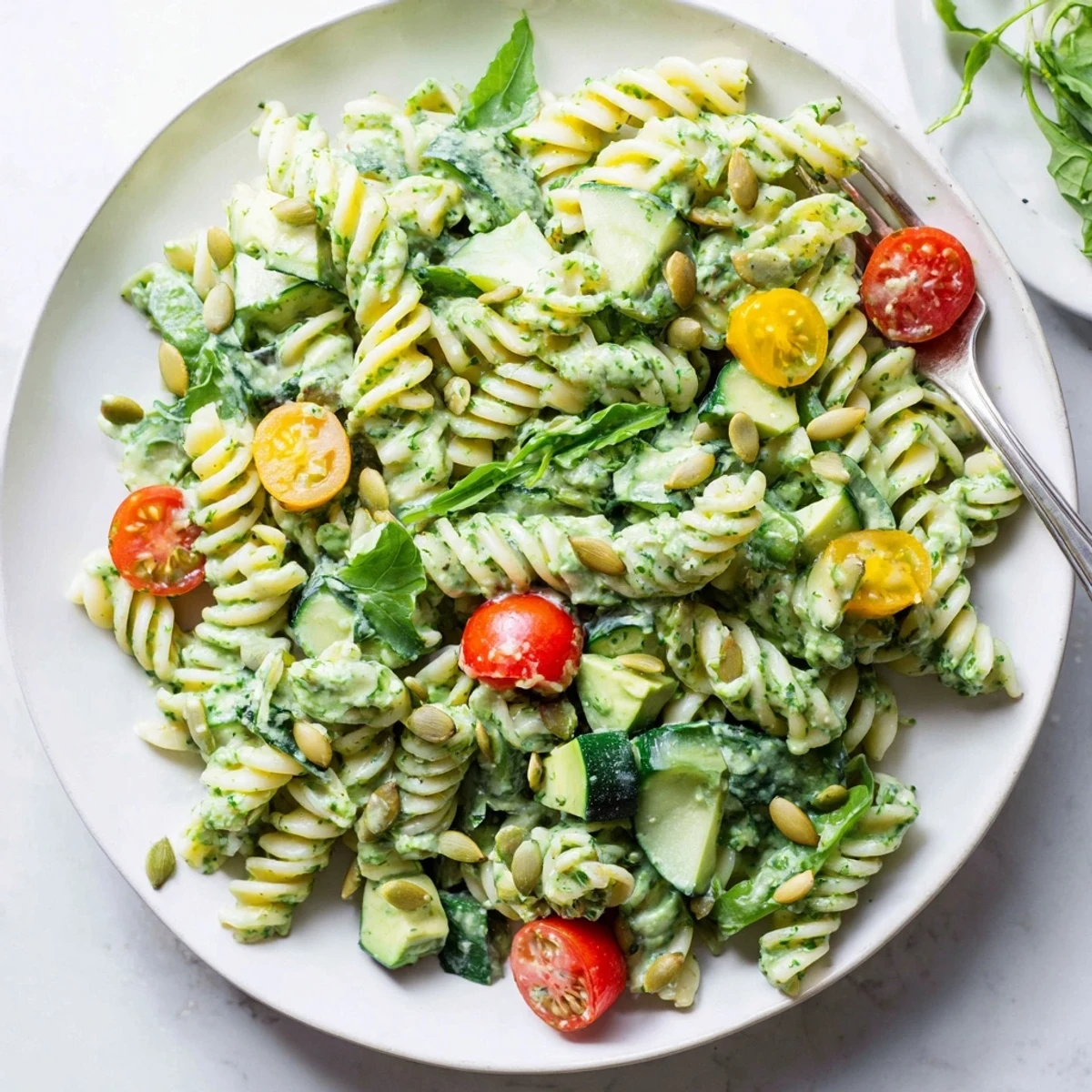 Ready to eat Green Goddess Pasta Salad tossed with fresh herbs and toasted seeds