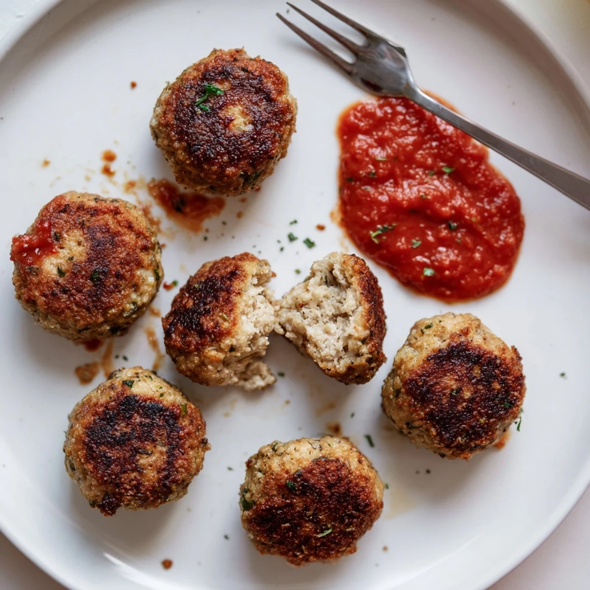 Juicy Chicken Meatballs glistening with sauce, golden-crisp exterior, served over pasta.
