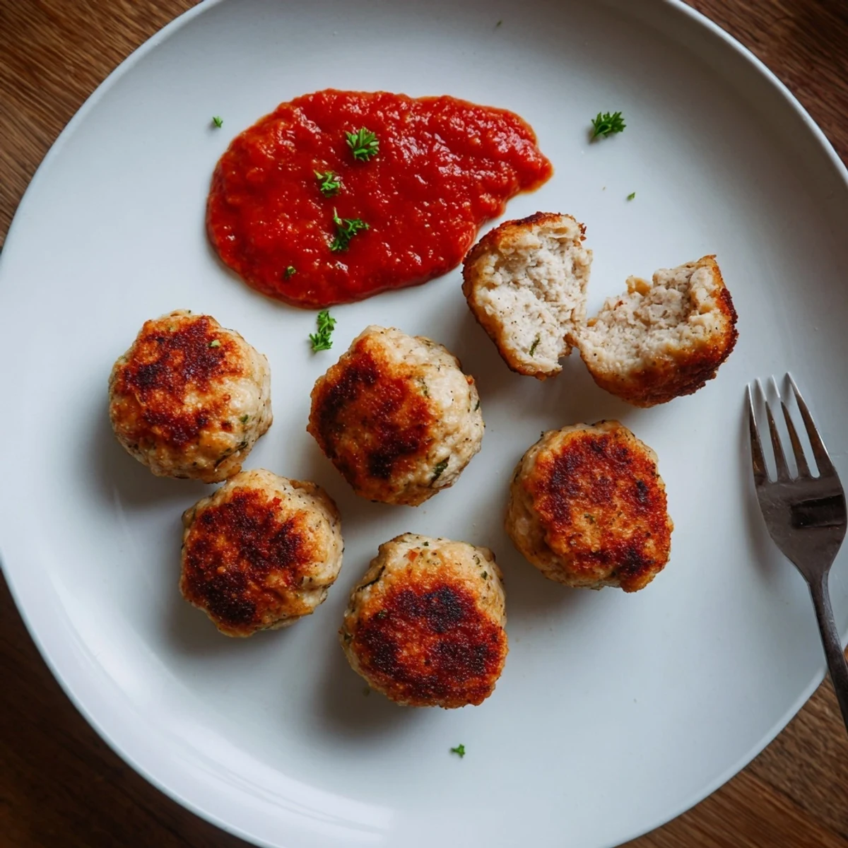 Pan-seared Juicy Chicken Meatballs resting on a bed of parsley, ready for dipping.