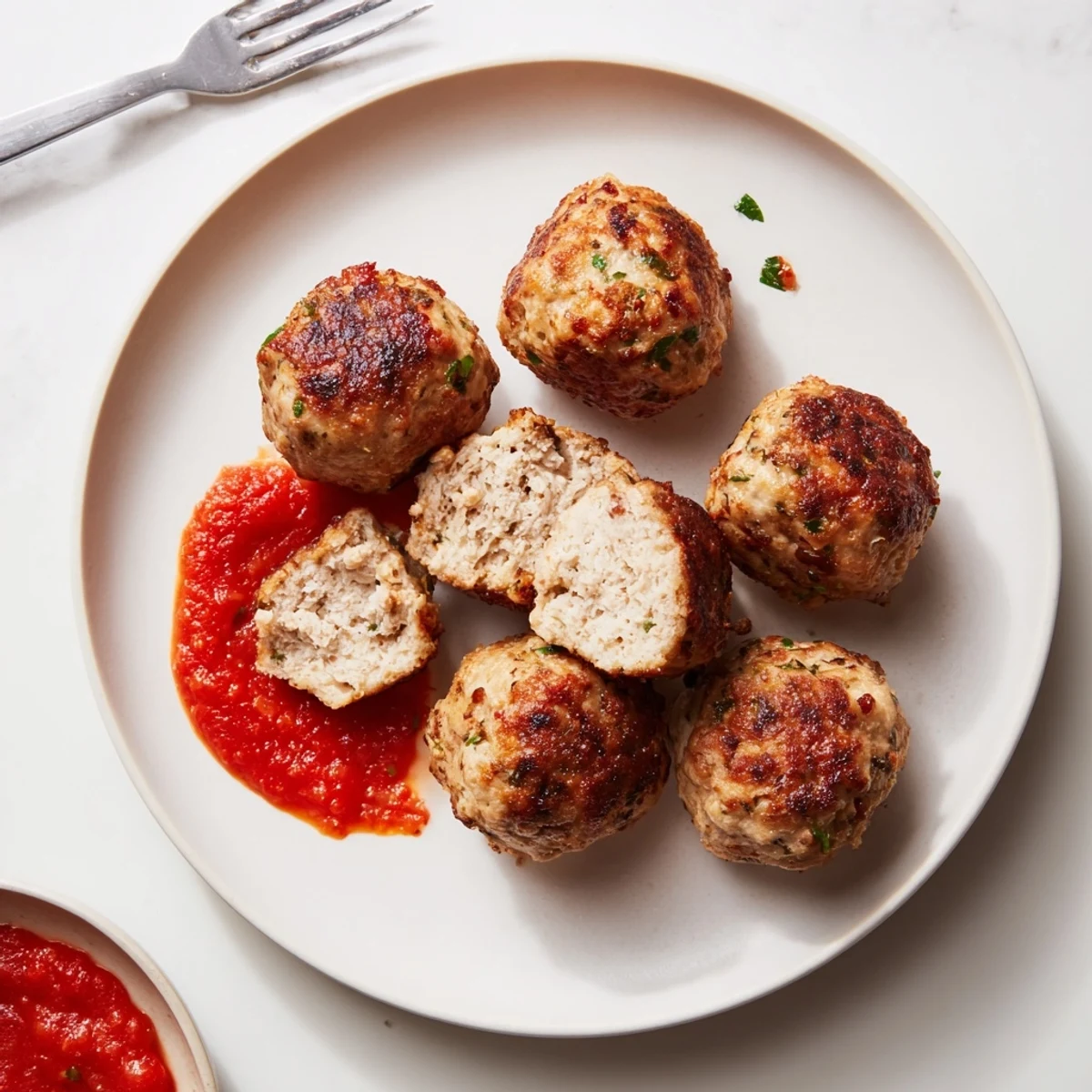 Close-up of Juicy Chicken Meatballs, tender interior visible, plated with tomato sauce.