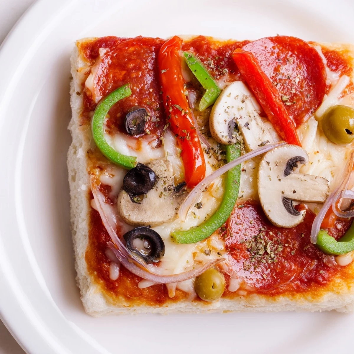 Focaccia Pizza Supreme with melty mozzarella, charred edges, and basil garnish