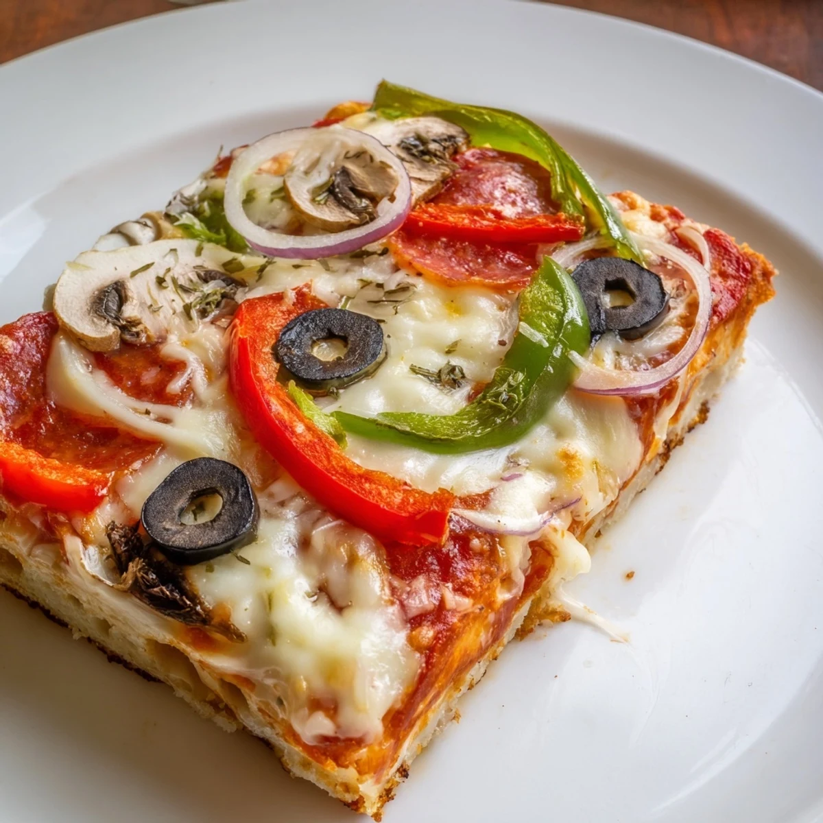 Warm Focaccia Pizza Supreme on a sheet pan, topped with colorful veggies