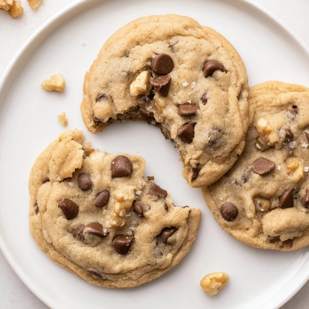 Fresh baked Chocolate Chip Cookies stacked on plate, buttery aroma, slightly crisp edges