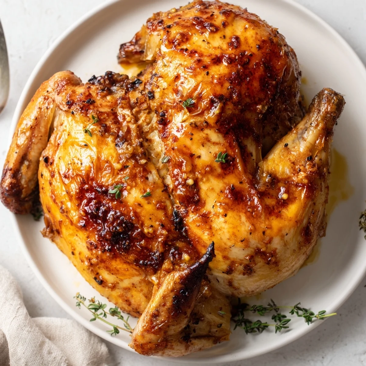 Sliced Buttermilk Roasted Chicken resting on a rack, herbs scattered